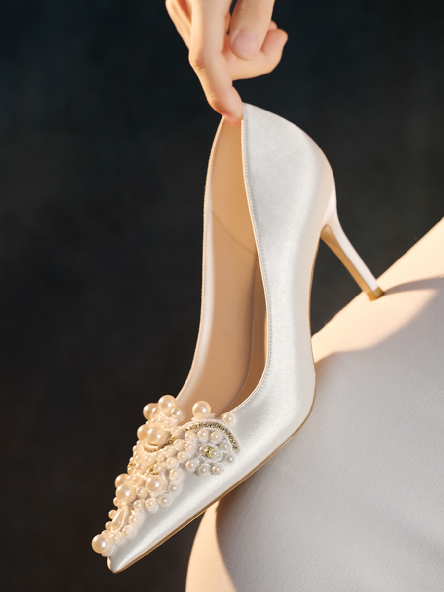 米兔小姐【珍珠恋人】法式婚鞋新娘鞋珍珠白色绸缎主婚纱高跟鞋女