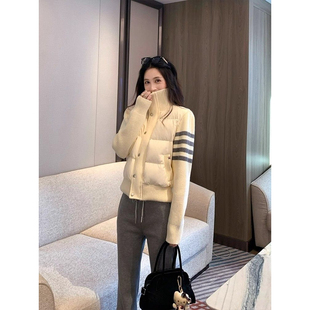 网图四条杠双色潮流韩版米白色条纹拼接棉服女冬季高级感小个子