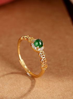 『财源滚滚』925银铜钱戒指镶嵌和田玉蛋面复古活口可调节指环