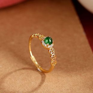 『财源滚滚』925银铜钱戒指镶嵌和田玉蛋面复古活口可调节指环