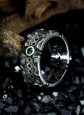 祖母绿戒指男泰银绿锆石高级感男女开口戒指守护精灵