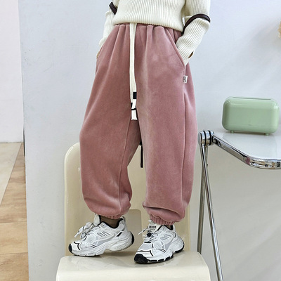 品牌儿童加绒裤子秋冬外穿男童卫裤女童运动裤加厚一体绒中大童保