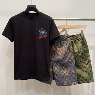 套装 短袖 夏季 欧洲站潮流男士 圆领印花T恤两件套 男士 修身 休闲短裤