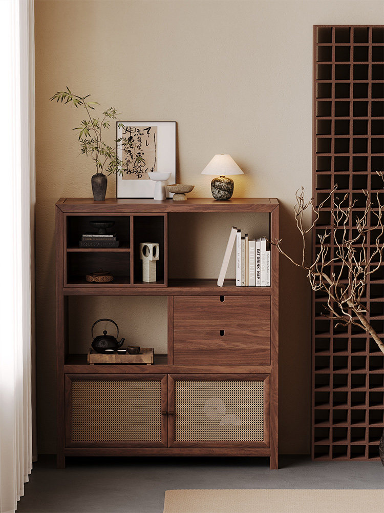 吉赠北美黑胡桃实木新中式边柜沙发侧柜宋代美学靠墙一体展示斗柜