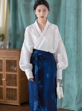 萃CUI 「交领镂空衬衣」汉元素交叉绑带花苞袖棉质肌理女