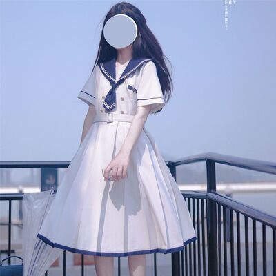 2025夏季新款日系JK水手服海军领连衣裙女收腰中长款百褶a字裙子