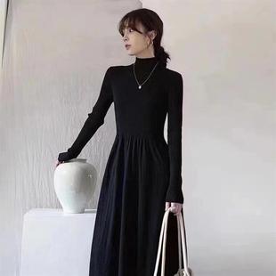 2025早秋新款 内搭打底毛衣长裙 高级感赫本风黑色连衣裙子女秋冬季