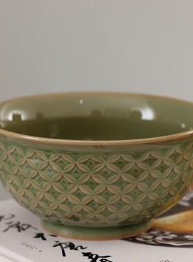 耀州窑新美学橄榄青釉印花半手工粗陶青瓷陶瓷餐具钱多多纹中号碗