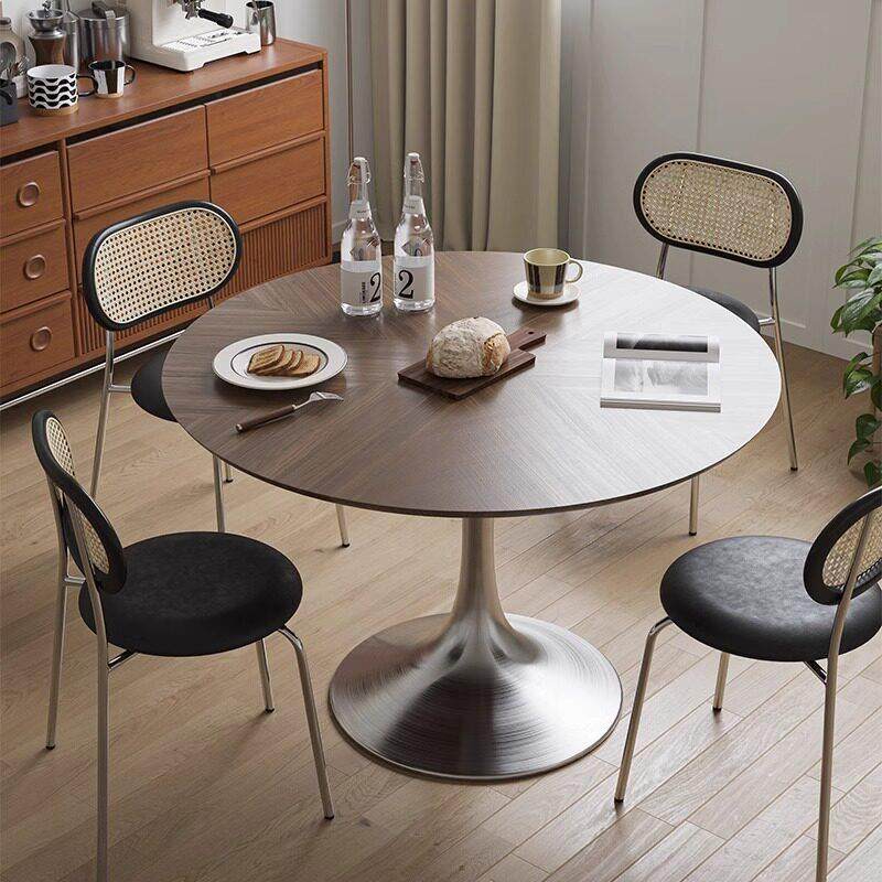 中古风黑胡桃木拼花实木小圆桌家用小户型圆形桌子1米郁金香餐桌