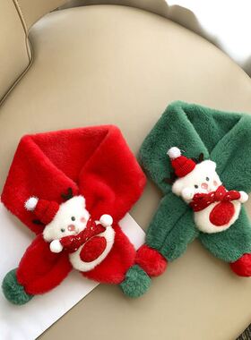 冬季保暖圣诞节小鹿卡通毛球红绿色宝宝绒毛围巾儿童围脖日韩风格