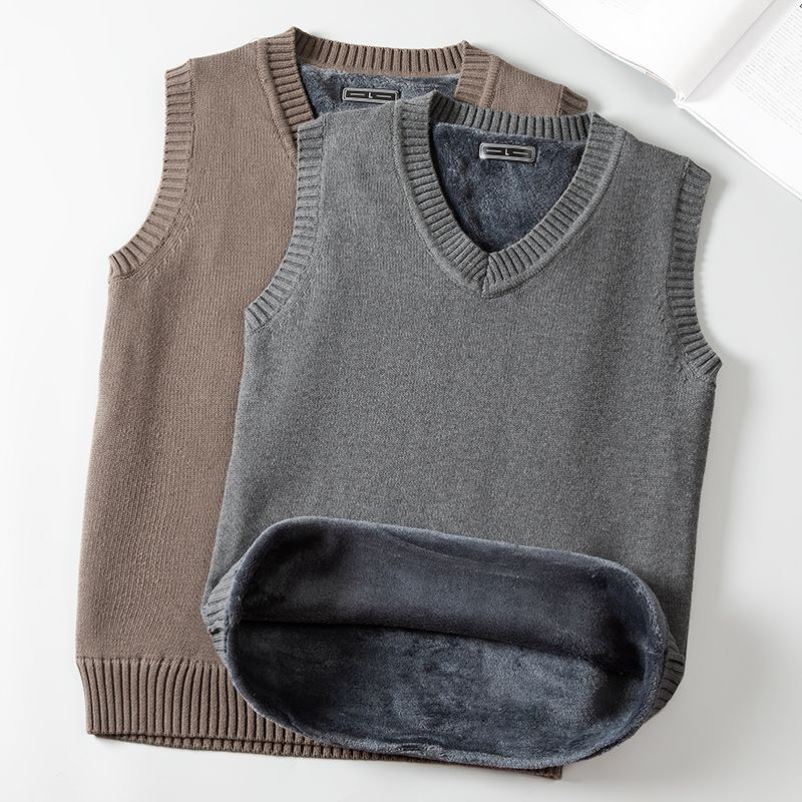秋冬季加绒毛衣背心男青年V领加厚保暖马甲打底针织衫中年不起球