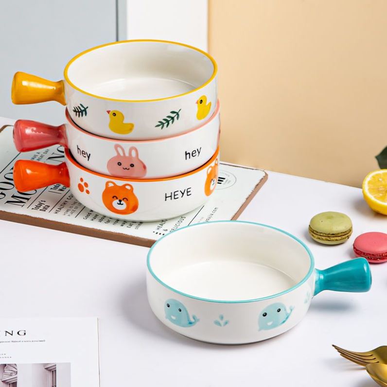 网红家用创意陶瓷碗简约个性泡面碗单柄烘焙早餐盘烤碗手绘沙拉碗