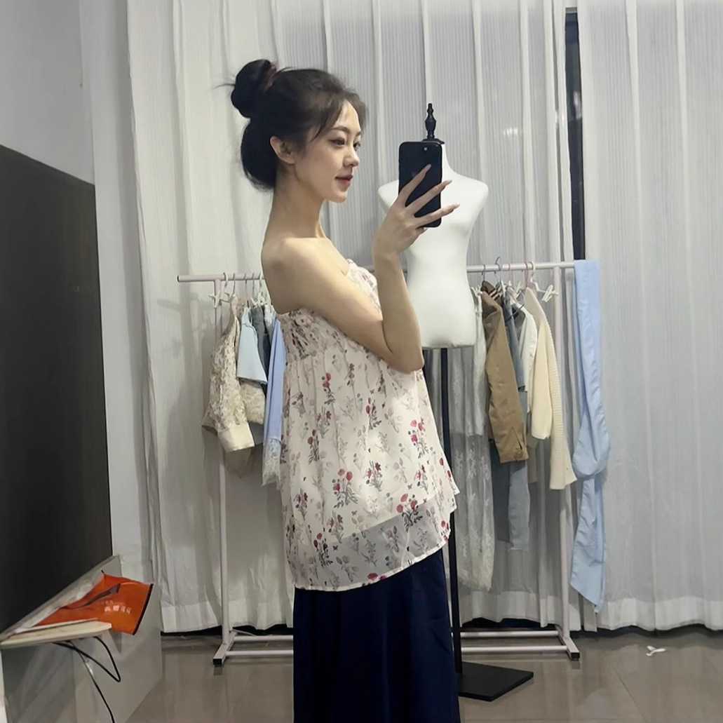实拍气质松紧打揽抹胸娃娃衫上衣女休闲高腰阔腿裤两件套时尚