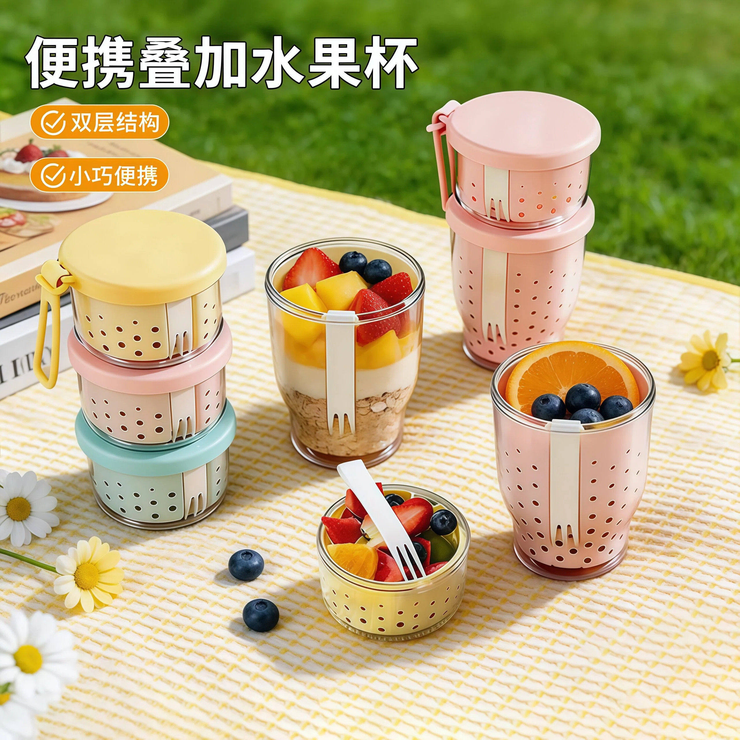 便携叠加水果杯水果盒沙拉杯带叉抗菌可沥水保鲜杯户外野餐分装盒