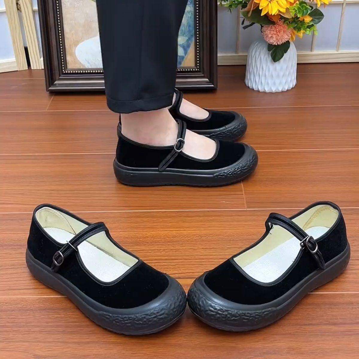 干活布鞋工作鞋黑色厚底妈妈舞蹈酒店后厨防滑中老年人厨房防滑鞋