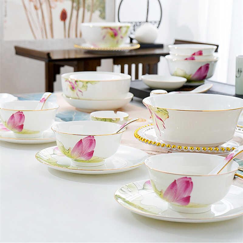 莲花陶瓷饭碗家用2024新款骨瓷轻奢感碗碟套装荷花碗盘餐具