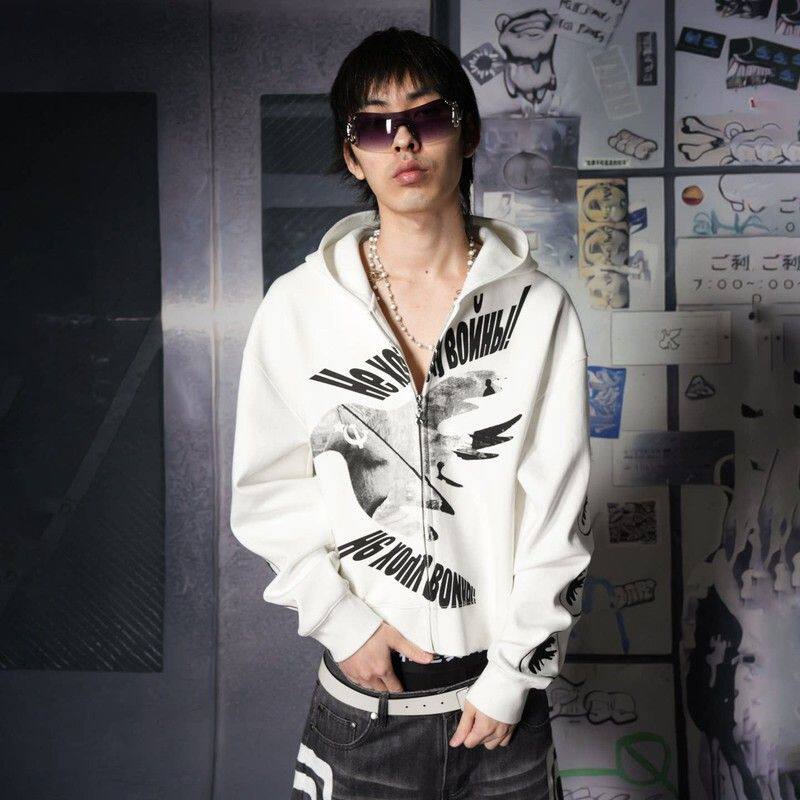 Vinkid(云梯) 满绣拉链连帽卫衣外套 小众个性潮流宽松短款开衫秋