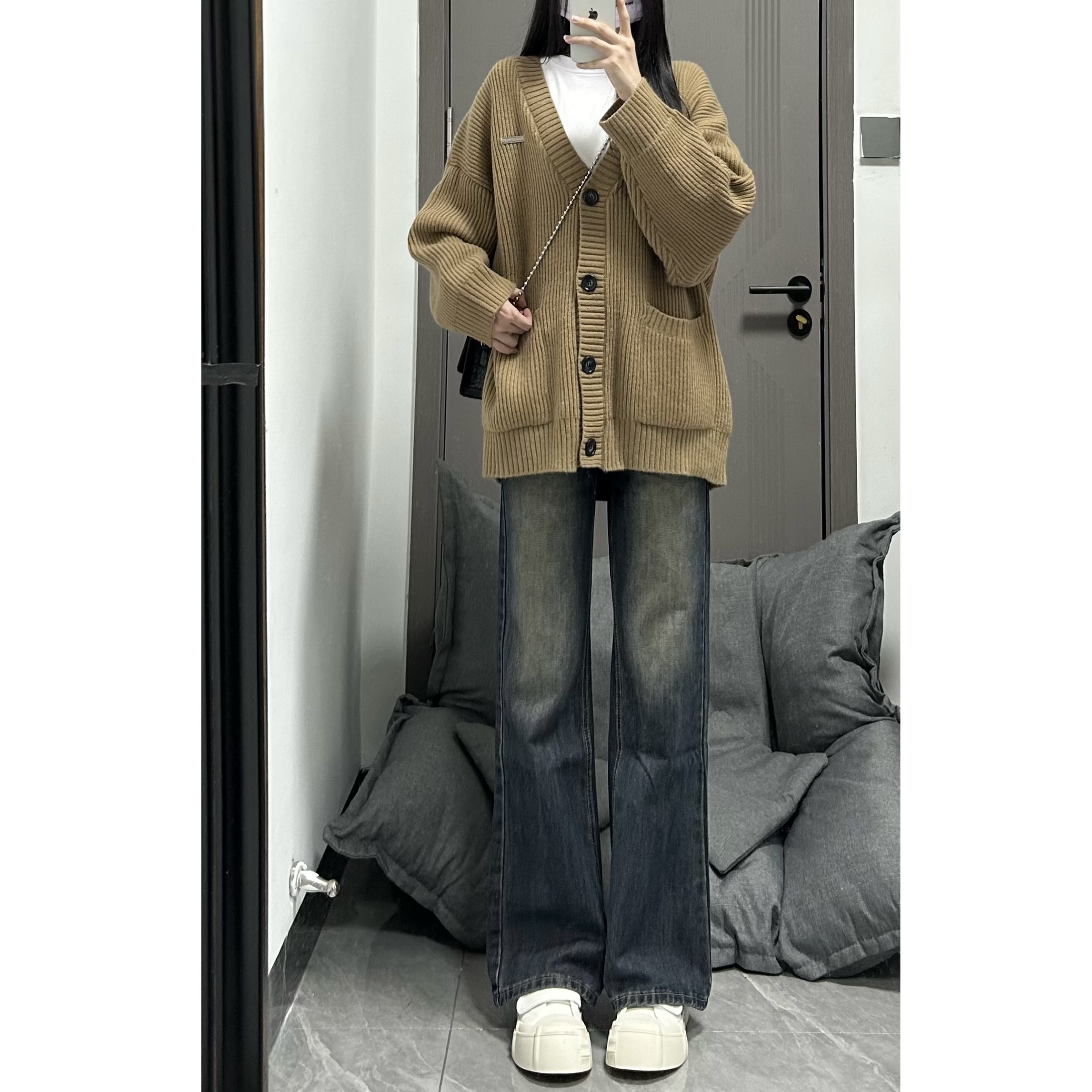 FanShu 小铺 秋冬款加厚慵懒风开衫毛衣外套女美式长袖V领针织衫