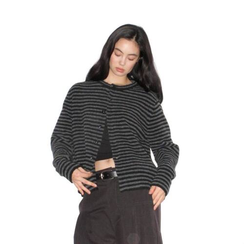 NOT UGLY 25AW 低饱和横间条纹黑灰圆领松弛主义圆领开衫羊毛毛衣