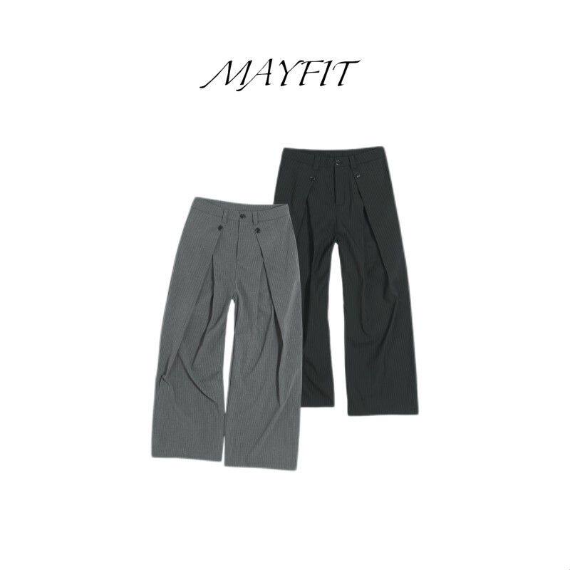 MAYFIT「白竖纹」TR混纺竖条纹工字褶皱阔腿西裤韩系设计男女宽松