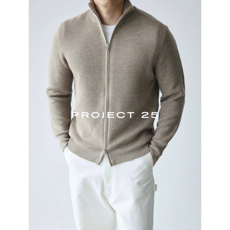 PROJECT 25 羊毛桑蚕丝混纺珠地纹针织立领拉链开衫通勤实穿外套