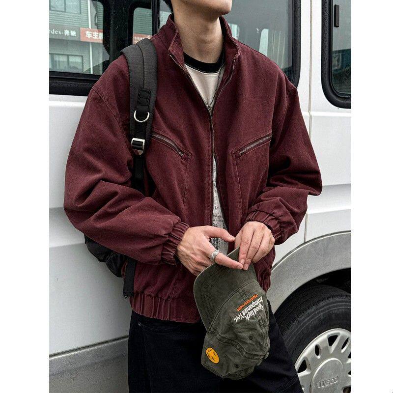 双侧斜拉链 美式复古立领夹克男春秋宽松水洗工装外套潮