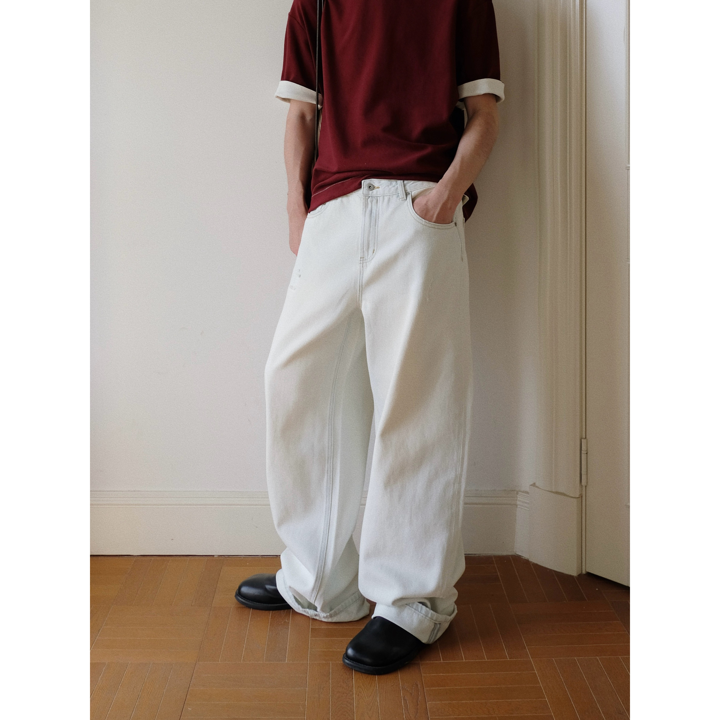 原创复古浅蓝色破洞牛仔裤夏季新款百搭直筒廓形休闲长裤男女