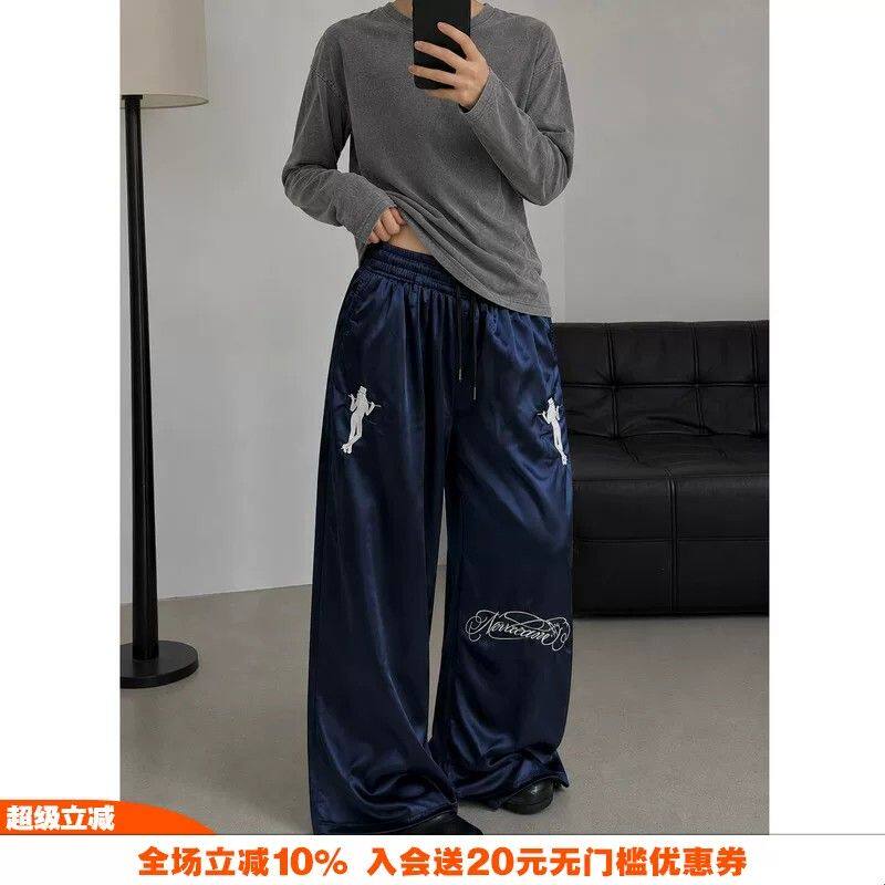 夏季绸缎凉感透气丝滑身垂感深宝蓝刺绣印花复古休闲裤