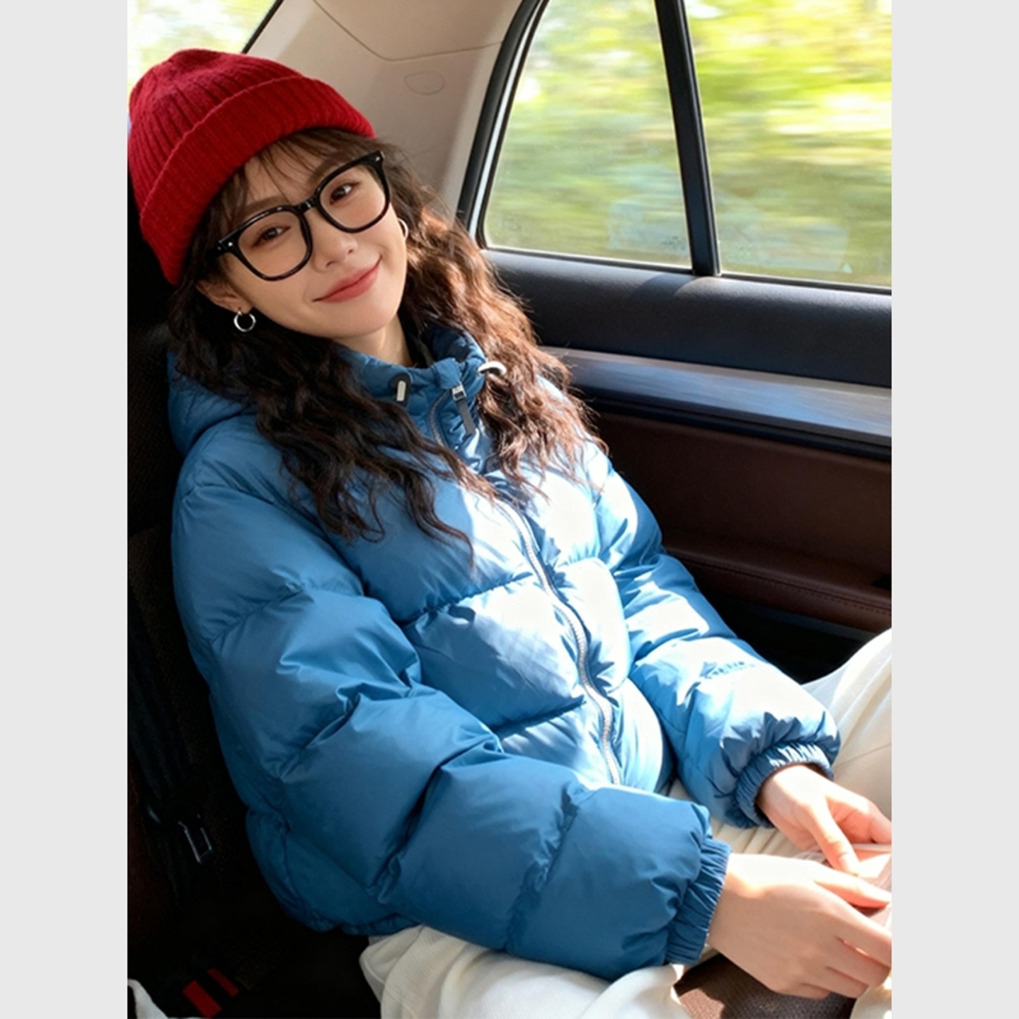 蓝色短款连帽龟背羽绒服棉服女冬季保暖超好看夹棉加厚面包服外套