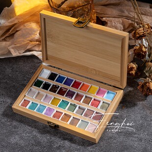 美甲调色板分装盒水彩颜料调色彩绘胶调色用36格子木质盒子拍拍胶