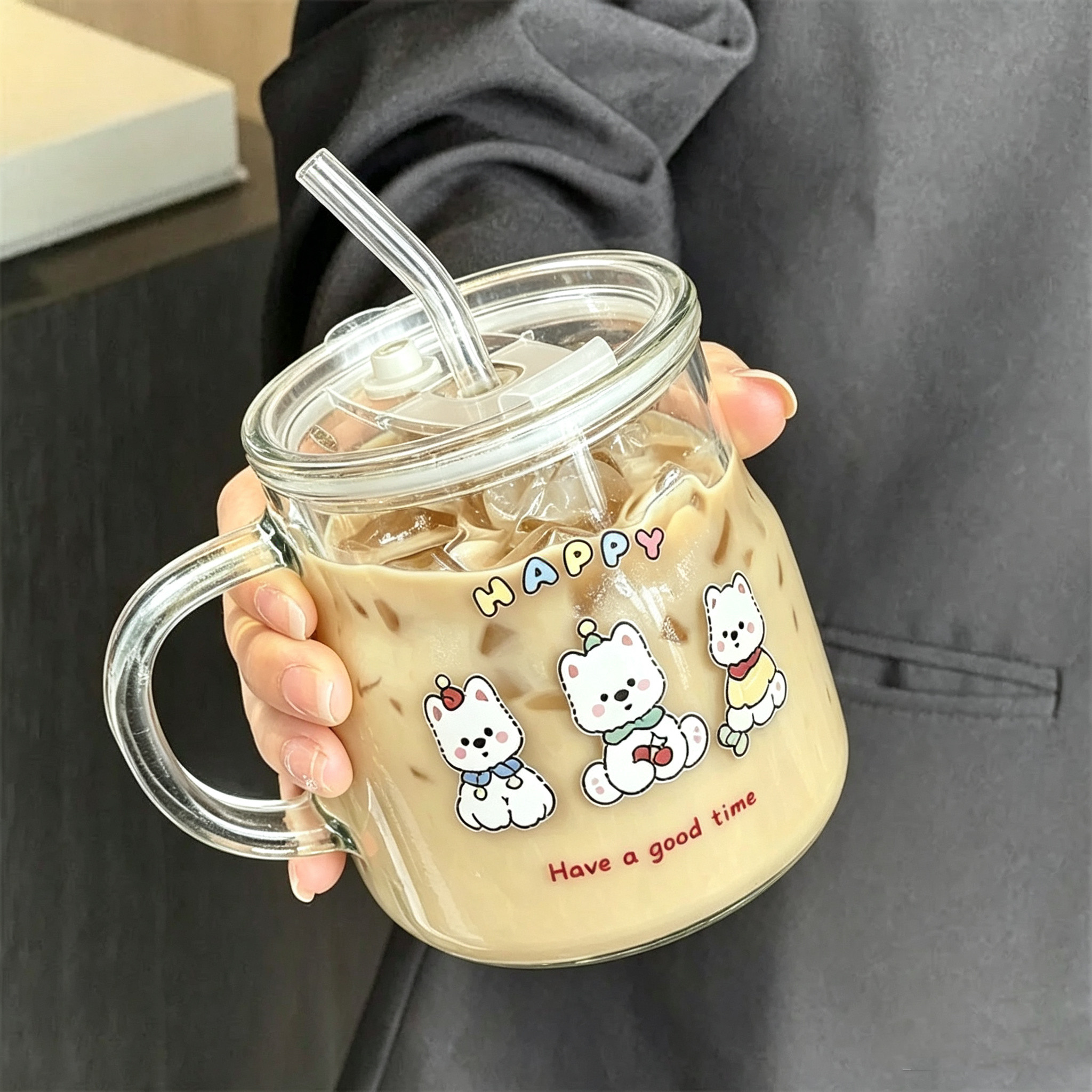 玻璃杯带吸管耐高温加厚款早餐牛奶杯上班族咖啡果汁杯大口径把手图片