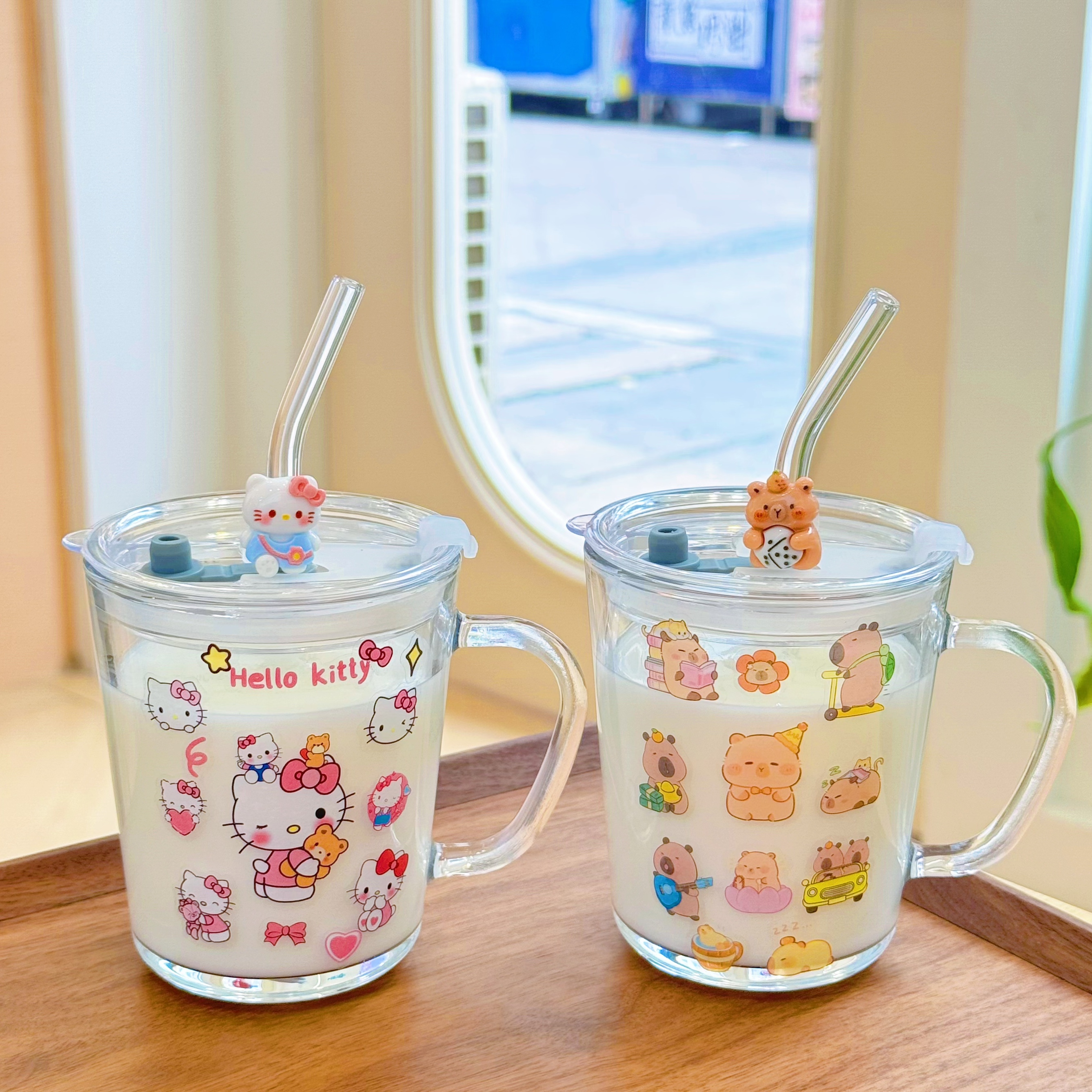 ins玻璃杯卡通刻度吸管杯有盖牛奶杯透明早餐杯可爱杯子宿舍礼物