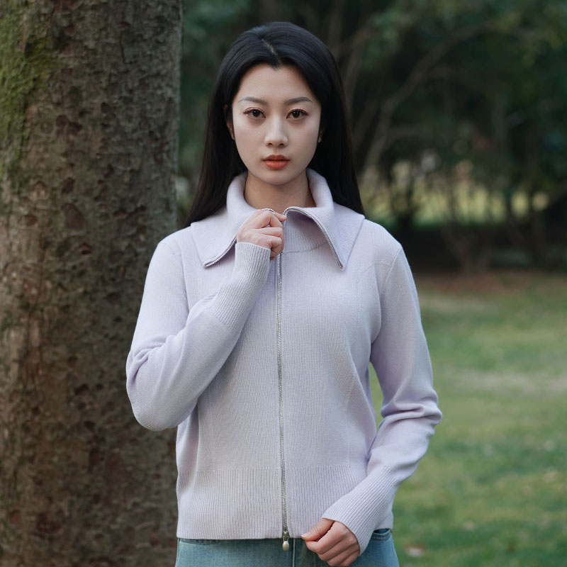 元素简2025年新款翻领拉链针织开衫女宽松显瘦毛衣外套上衣