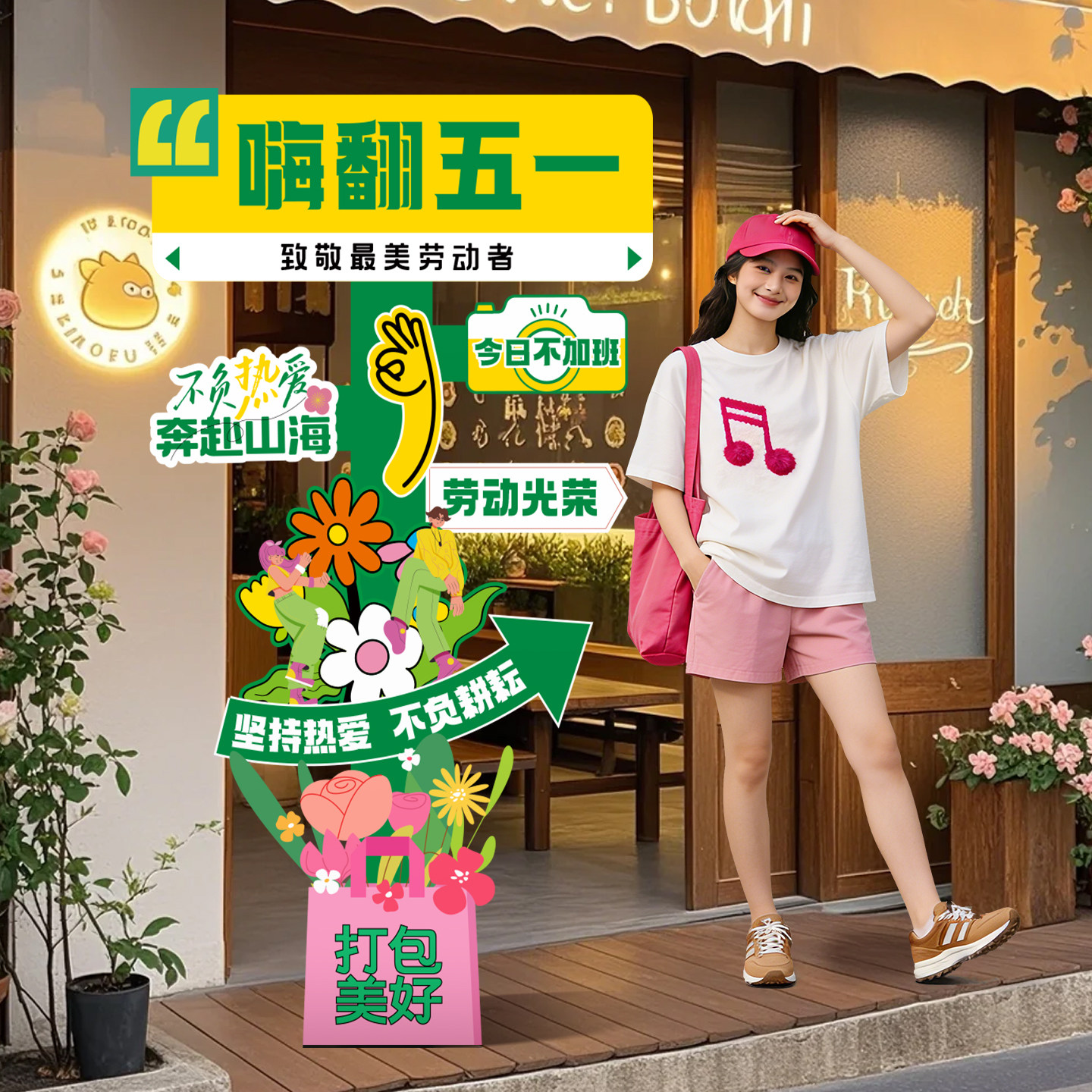 51五一氛围布置装饰劳动节场景店面商场拍照道具打卡KT板立牌摆件