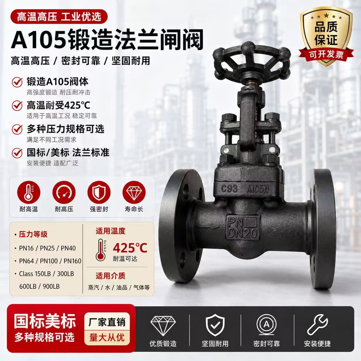 A105锻钢闸阀Z41H-16C-250C国标美标高温高压一体锻造法兰闸阀