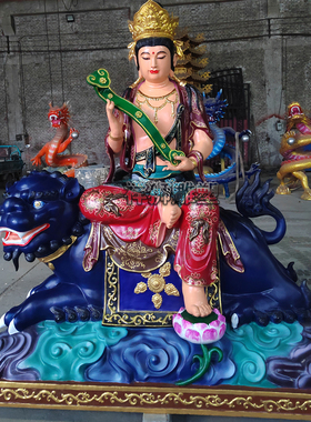 祥狮雕塑纯铜彩绘文殊普贤佛像