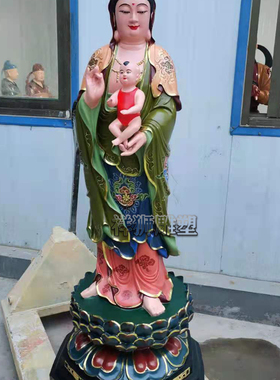 祥狮纯铜彩绘送子观音站像工艺品