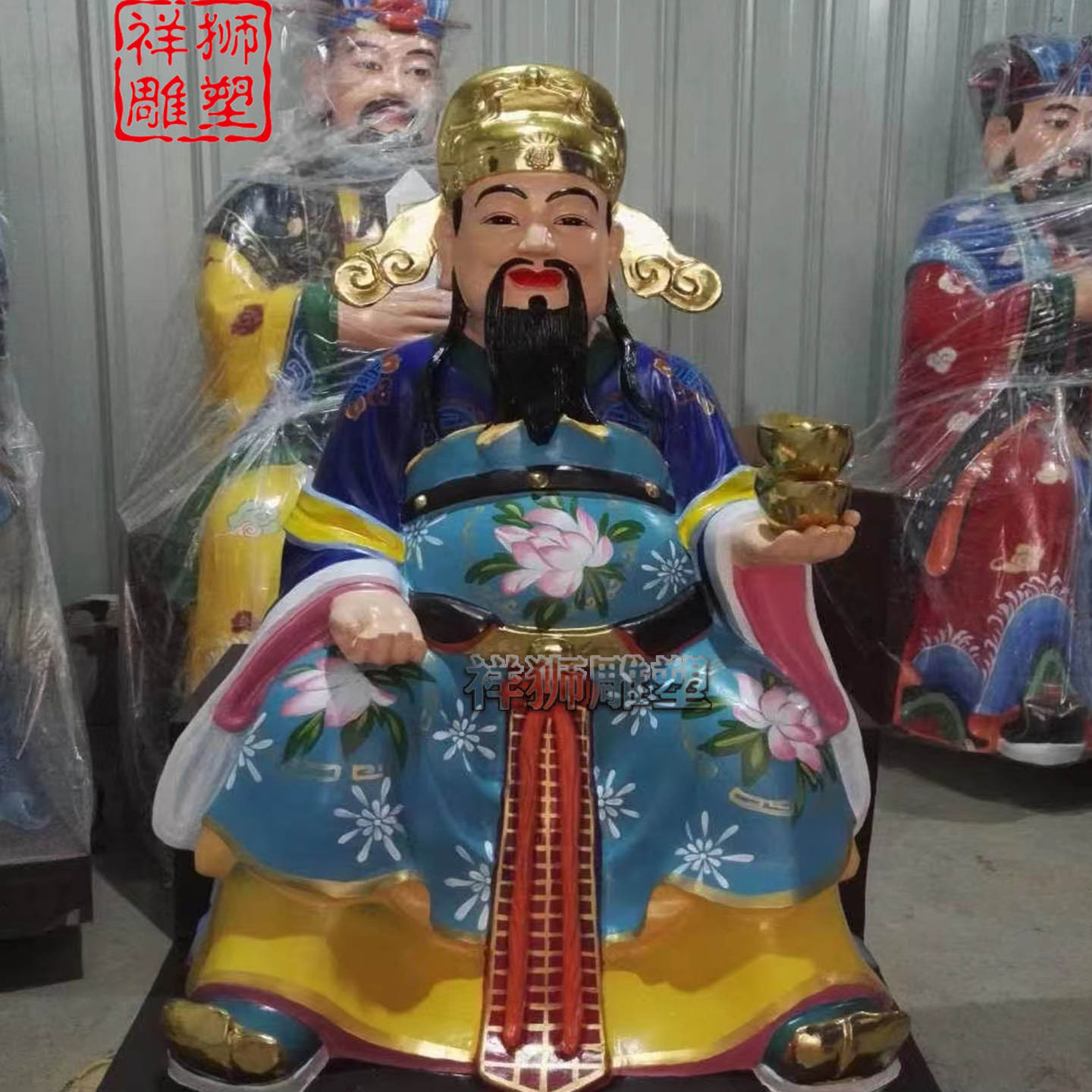 祥狮雕塑纯铜彩绘五路财神佛像