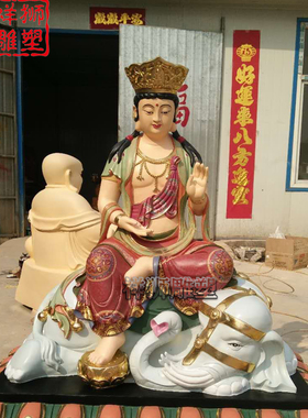 纯铜彩绘文殊菩萨普贤佛像摆件