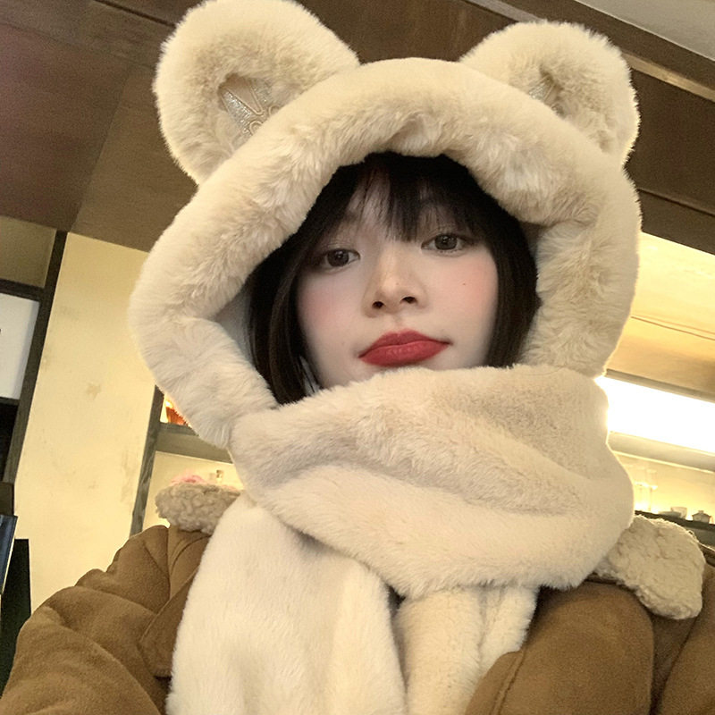 帽子围巾女一体冬季手套三件套毛毛围脖保暖脖套披肩冬季连帽毛绒