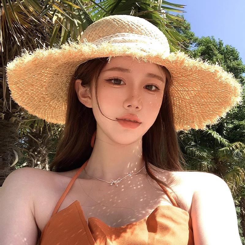 草帽防晒帽子防晒遮阳帽女士太阳帽女款2025新款复古条纹大檐帽