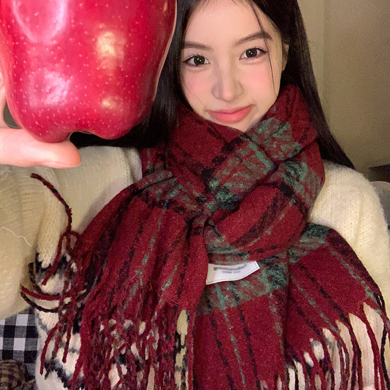 围巾冬季女情侣流苏围脖格子学生复古加厚保暖撞色格纹披肩红色