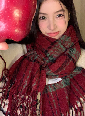 围巾冬季女情侣流苏围脖格子学生复古加厚保暖撞色格纹披肩红色