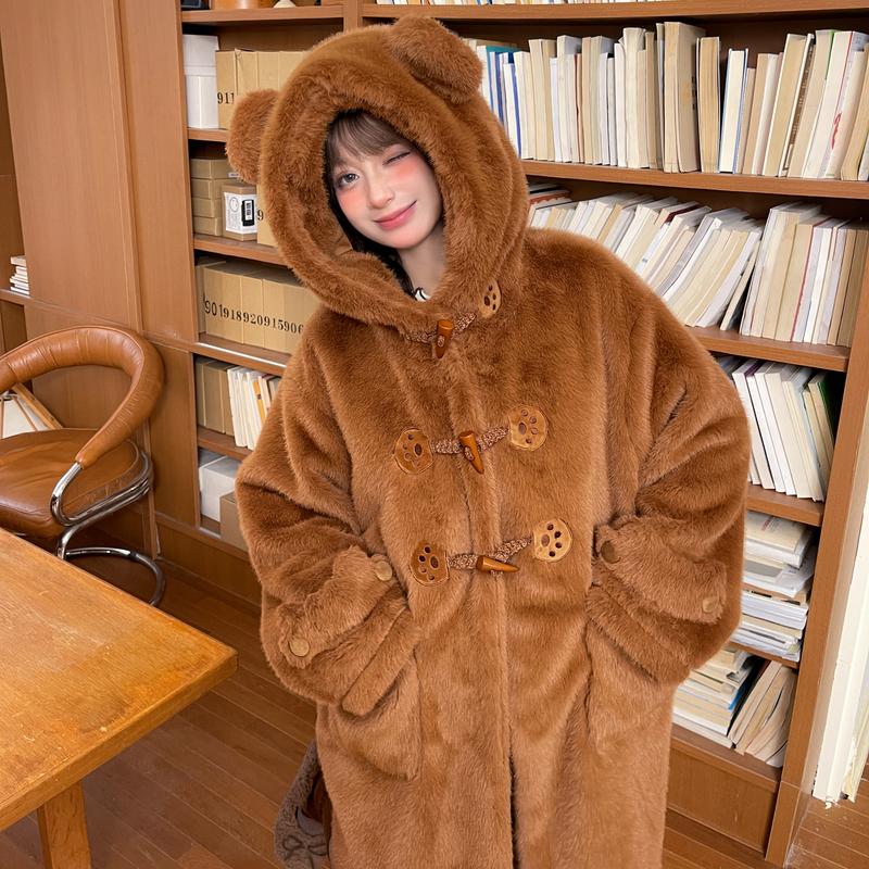 森女部落甜美风熊耳连帽中长款大衣女2025新款保暖绒衫宽松外套冬