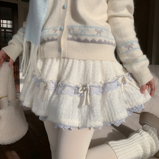 森女部落甜美风高腰针织半身裙女百搭设计感撞色蕾丝边A字短裙冬