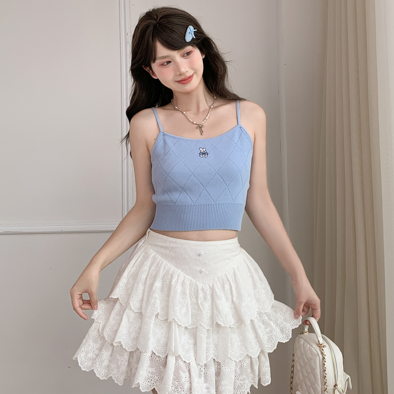 森女部落原创可爱风兔子刺绣针织吊带背心女2025新款夏季修身上衣