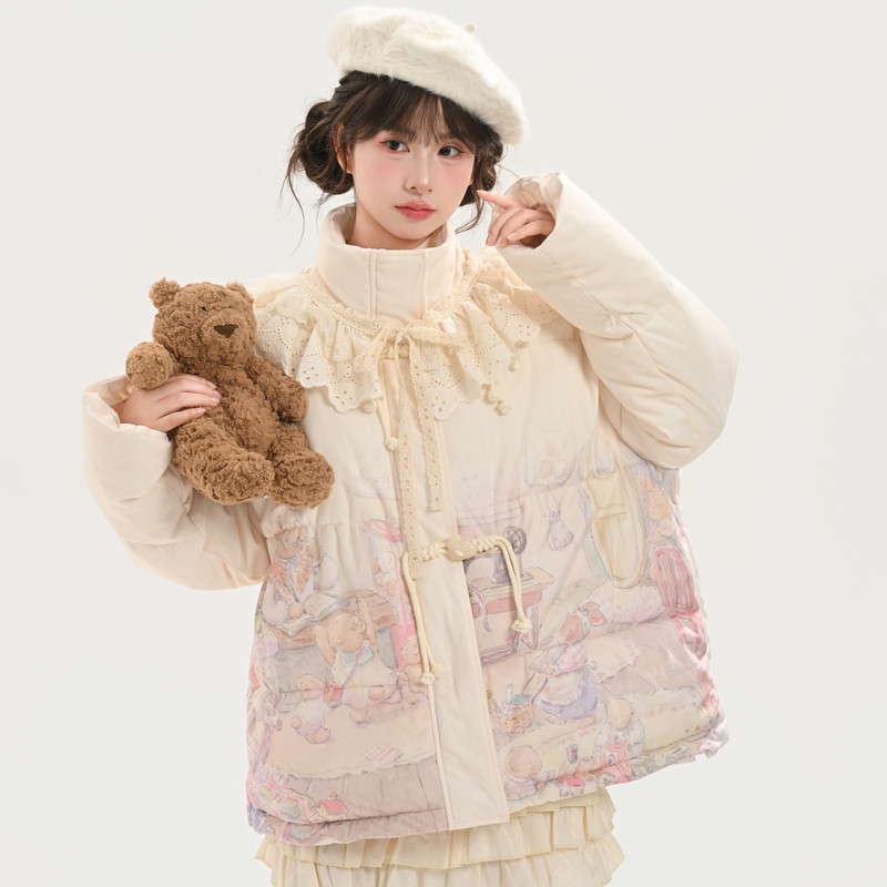 森女部落甜美风童话印花棉服女2025新款设计感宽松保暖外套冬季