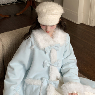 森女部落甜美风设计感毛绒宽松外套女拼接娃娃领宽松百搭大衣冬季