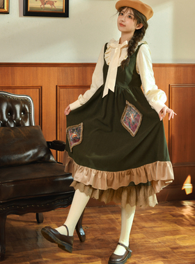 森女部落原创连衣裙秋冬法式长裙气质轻lo森系氛围感叠穿背带裙女