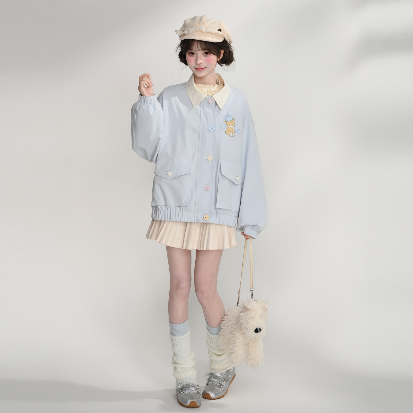 森女部落甜妹风工装外套小熊刺绣彩色纽扣撞色翻领少女上衣秋季